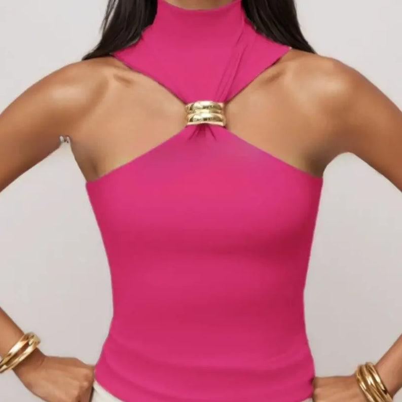 Gold Ring Sleeveless Cold-shoulder Stretch Top