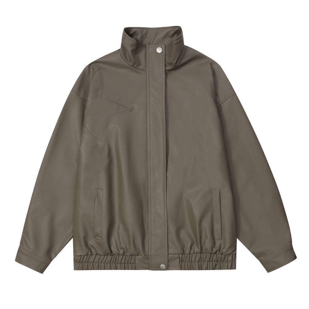 Solid Color Five-pointed Star Pu Shuai Stand Collar Zipper Leather Coat