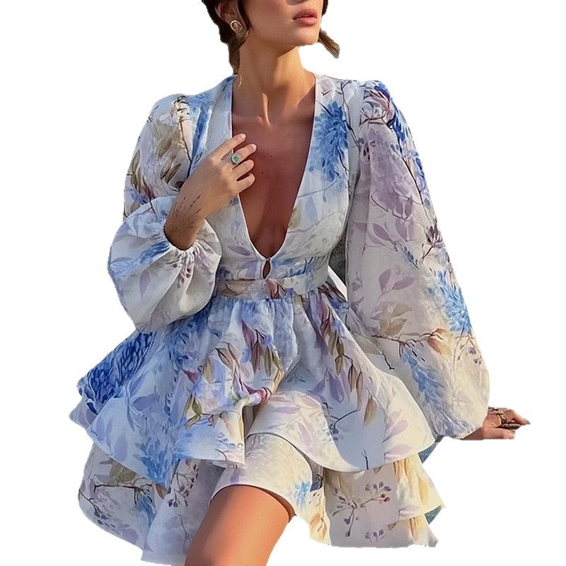 Puff-sleeve Printed Ruffled Short Dress For Women