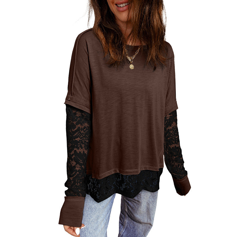 Light French Beige Sheer Lace Patchwork Casual Long-Sleeve T-Shirt