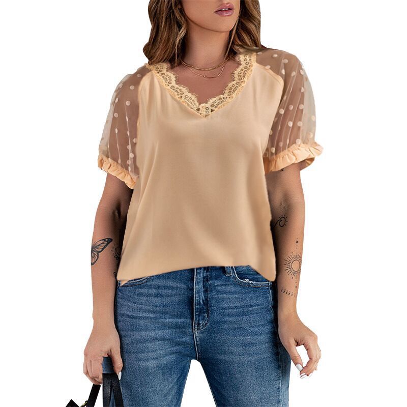 Summer New Lace Short-sleeved Solid Color Top European And American Ladies Slim V-neck Pullover T-shirt
