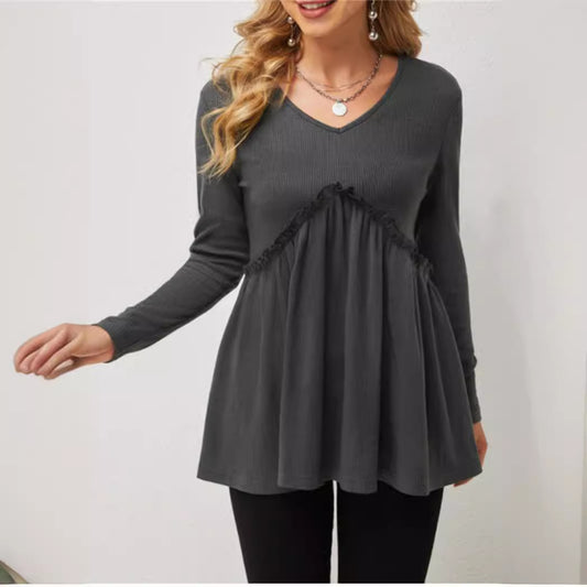 Loose-fit Ruffled Pleated V-neck T-shirt For Women