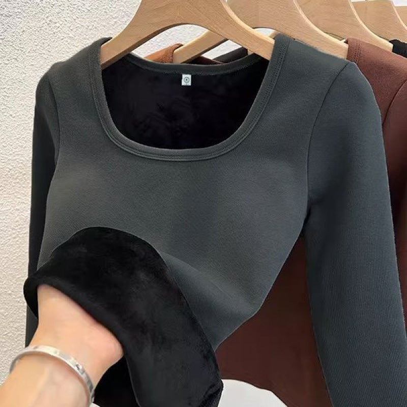 Fleece-lined Square Collar Bottoming Shirt Women's Keep Warm Pure Color Slim Fit