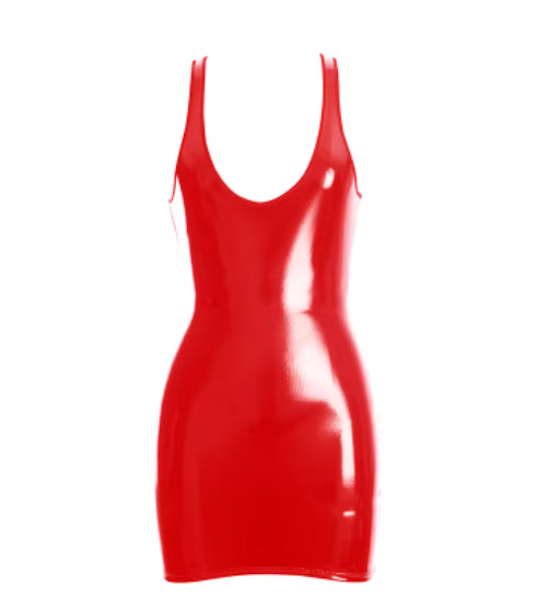 Sexy JK School Uniform Cosplay Patent Leather Coated PU Latex Spandex Tight Tank Top Sheath Dress