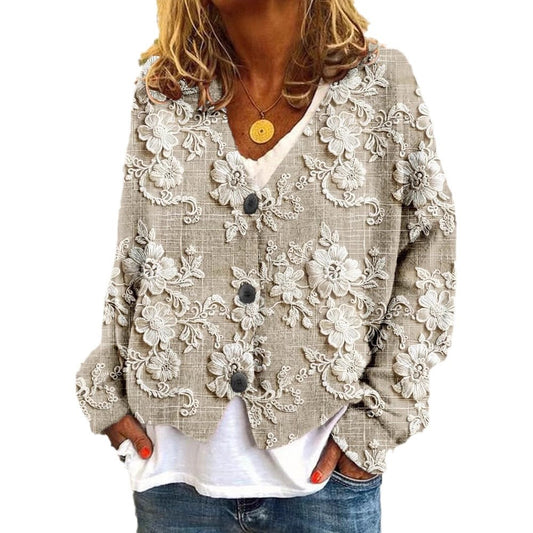 Digitaltryk tyk nål kvinders stor V-hals cardigan kort langærmet sweater