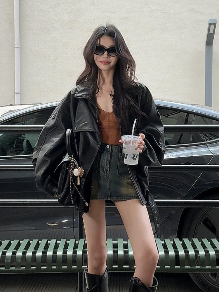 Black Vintage Biker-style Lapel PU Leather Jacket