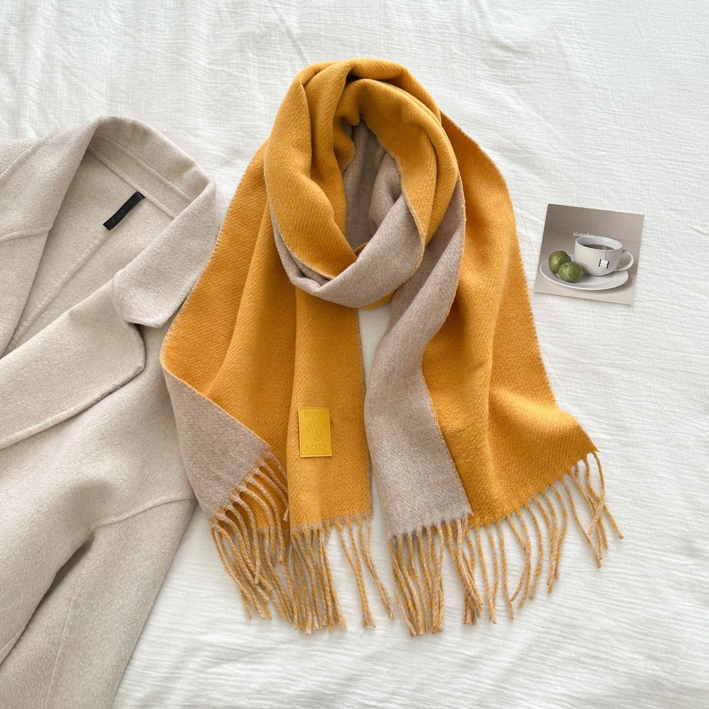 Thickened Double-sided Two-tone Wool Scarf Versatile Solid-color Tassel Shawl For Warmth And Style