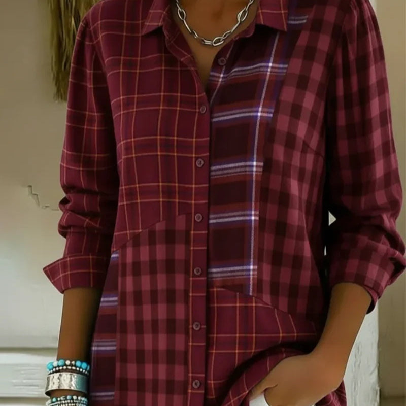 Women's Long-sleeved Lapel Plaid Button Shirt Top
