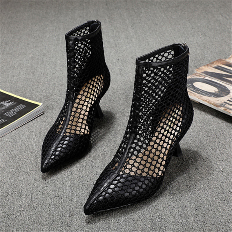 High-heeled Net Boots Women's Hollow Pointed High-heeled Net Yarn Breathable Stiletto Ankle Boots Cool