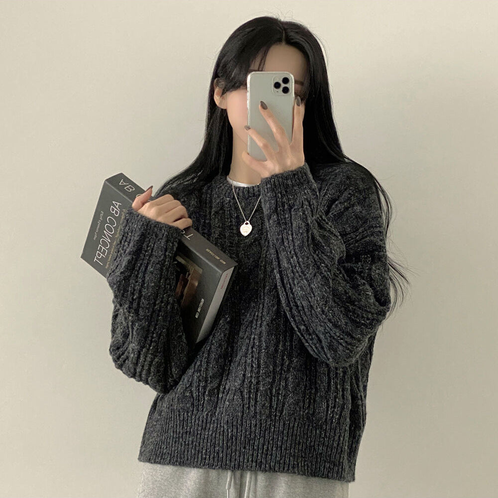 Thick Twist Sweater Idle Style Round Neck Solid Color Pullover Long Sleeve