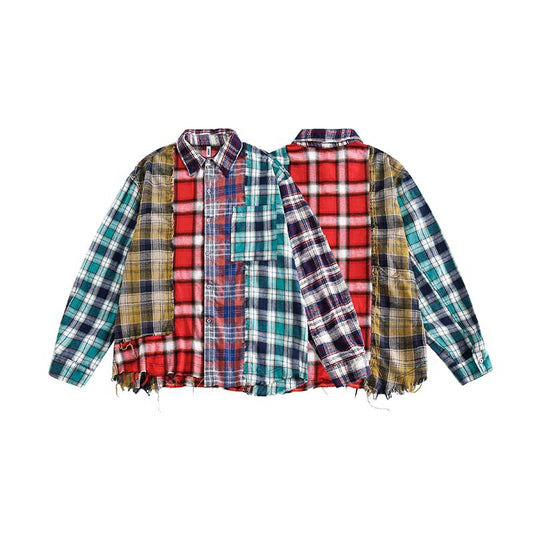 Multi-color Mosaic Plaid Fringed Hem Long Sleeve Shirt Men