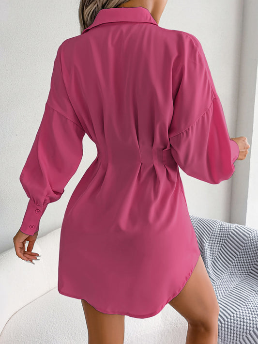 Women Casual Lantern Sleeve Tie Waist Asymmetric Shirt Dress