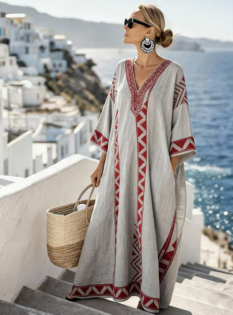 Female Digital Printed V-neck Five Quarter Sleeve Dress