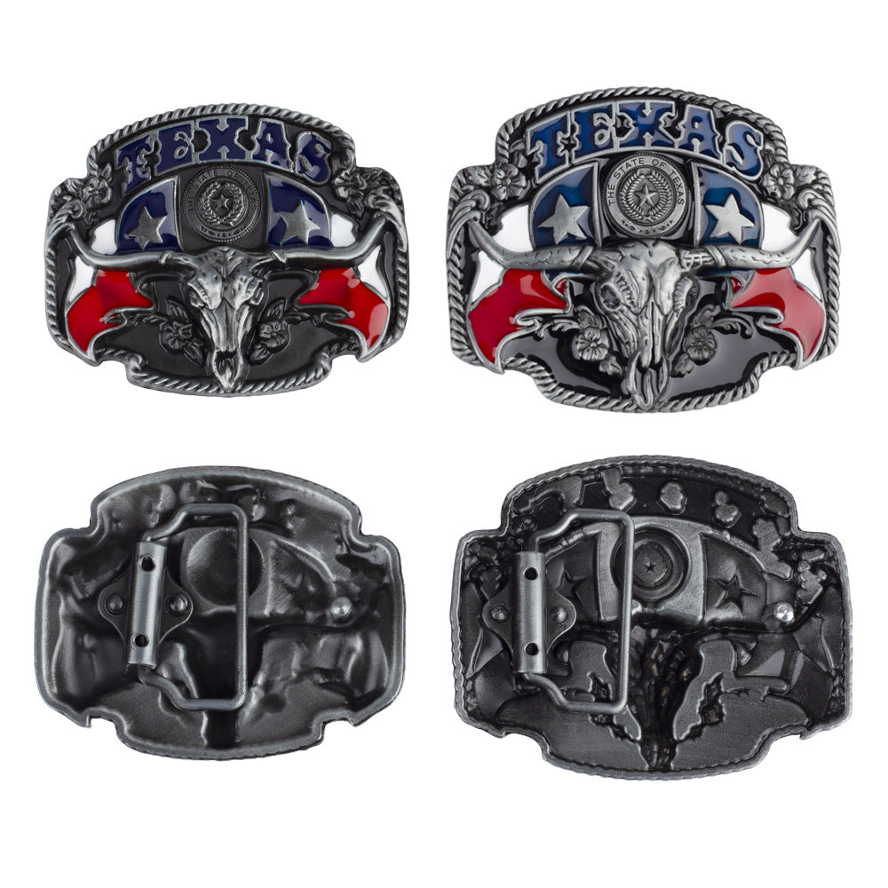 Western Style Texas Longhorn Leather Buckle 3.8cm Wide Belt Suitable For Smooth