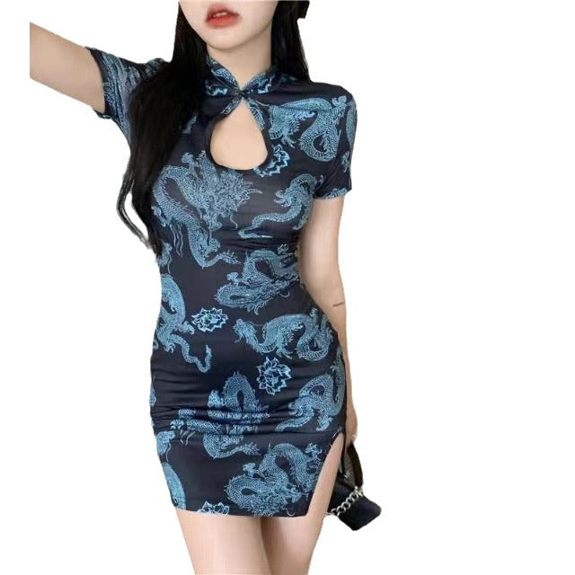 Womens Hollowed-out Form-fitting Cheongsam With A Slit