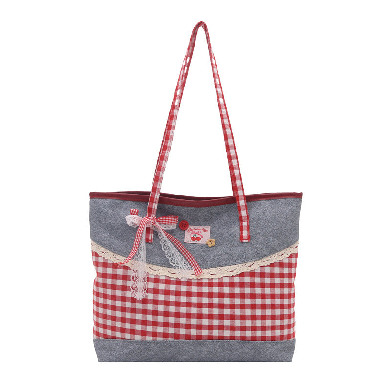 Korean-style Lace-trimmed Color-Block Plaid Tote Bag