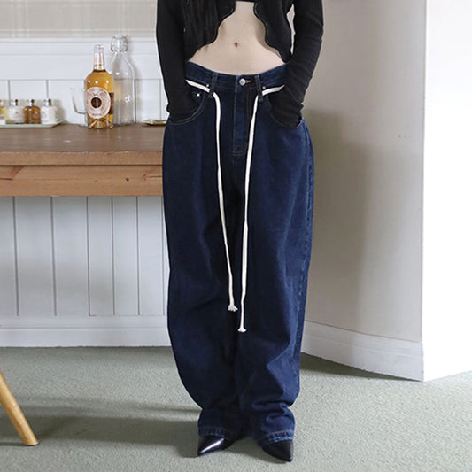 Højtaljede Løse Jeans med Snoretræk og Fald