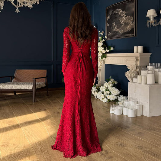 Womens Fashion High-Neck Long-Sleeve Lace Dress
