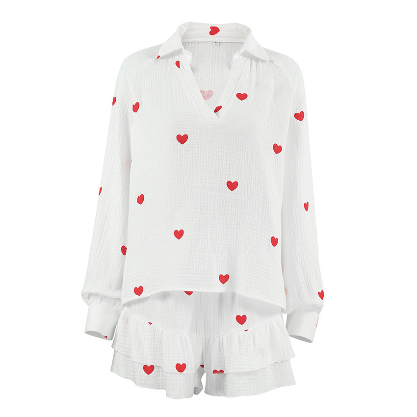 Casual Breathable Home Wear Heart-Printed Long-Sleeve Shorts Pajamas