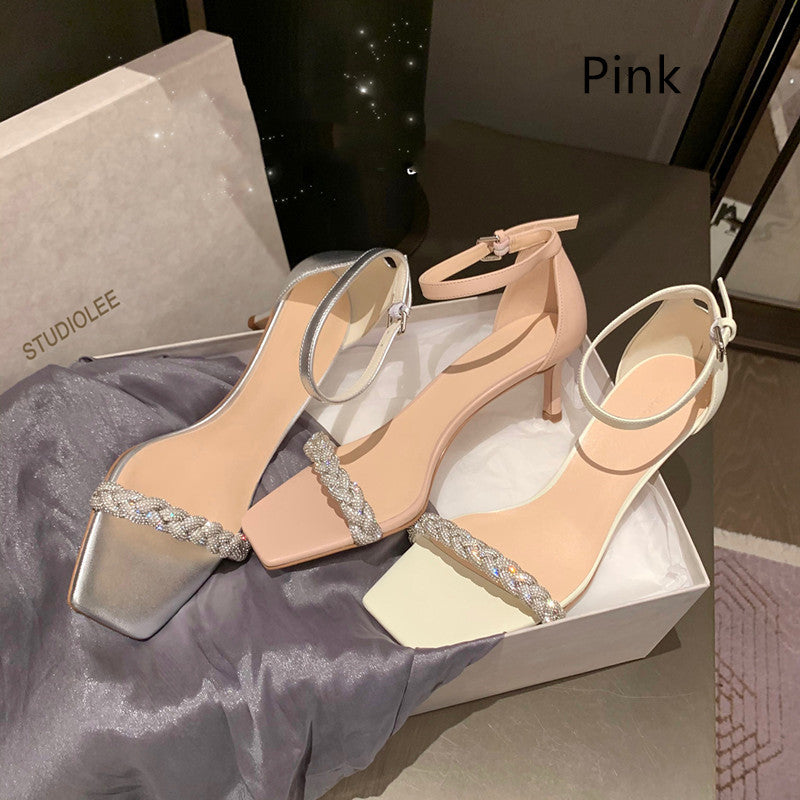 Braided Diamond Word With Square Toe Toe Stiletto Temperament Sandals