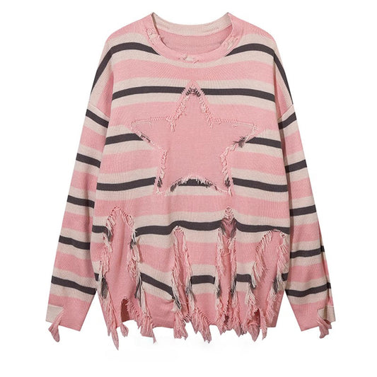 Pu Shuai Stitching Contrast Color Long Sleeves Round Neck Sweater
