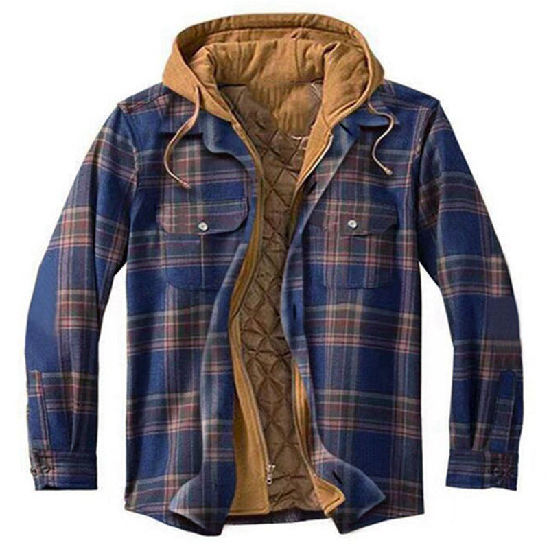 Men's Cotton-padded Clothes Plaid Striped Loose-fitting Hoodie Long Sleeve Coat