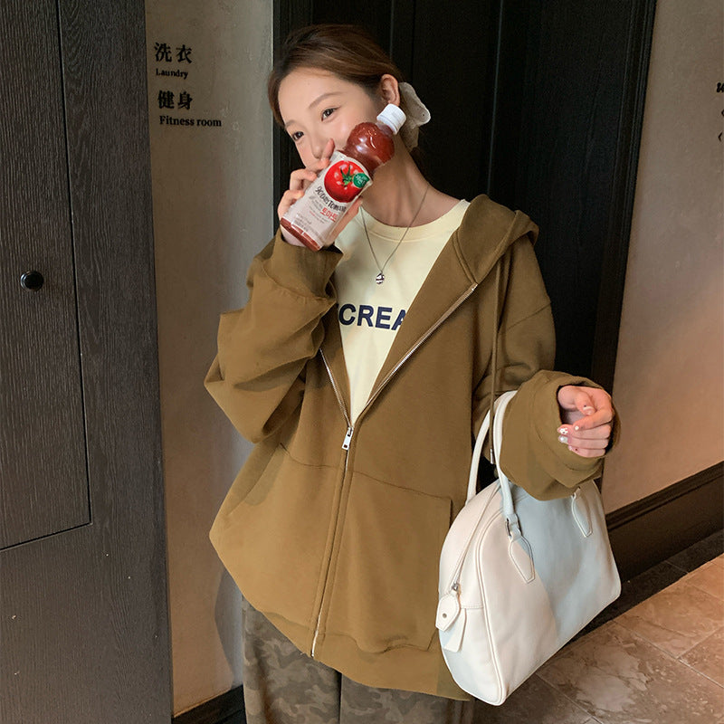 Solid Color Zipper Sweater Coat Women's Autumn Korean Style Hooded
