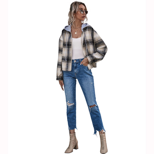 Women's European And American INS Fashion Loose Plaid Hooded Jacket Fall Winter