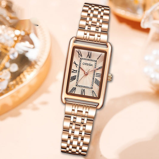 Fashionable Womens Square Steel-Strap Quartz Watch