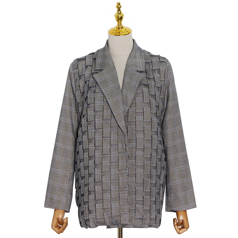 Personalized Grey Plaid Jacket With Heavy Pleating