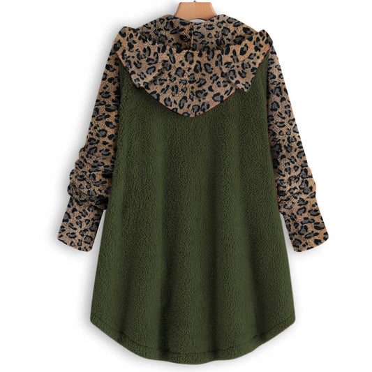Button Long Sleeve Leopard Splicing Hooded Plush Coat For Women