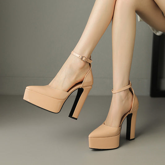 Pointed Patent Leather Buckle Hollow Chunky Heel Sandals