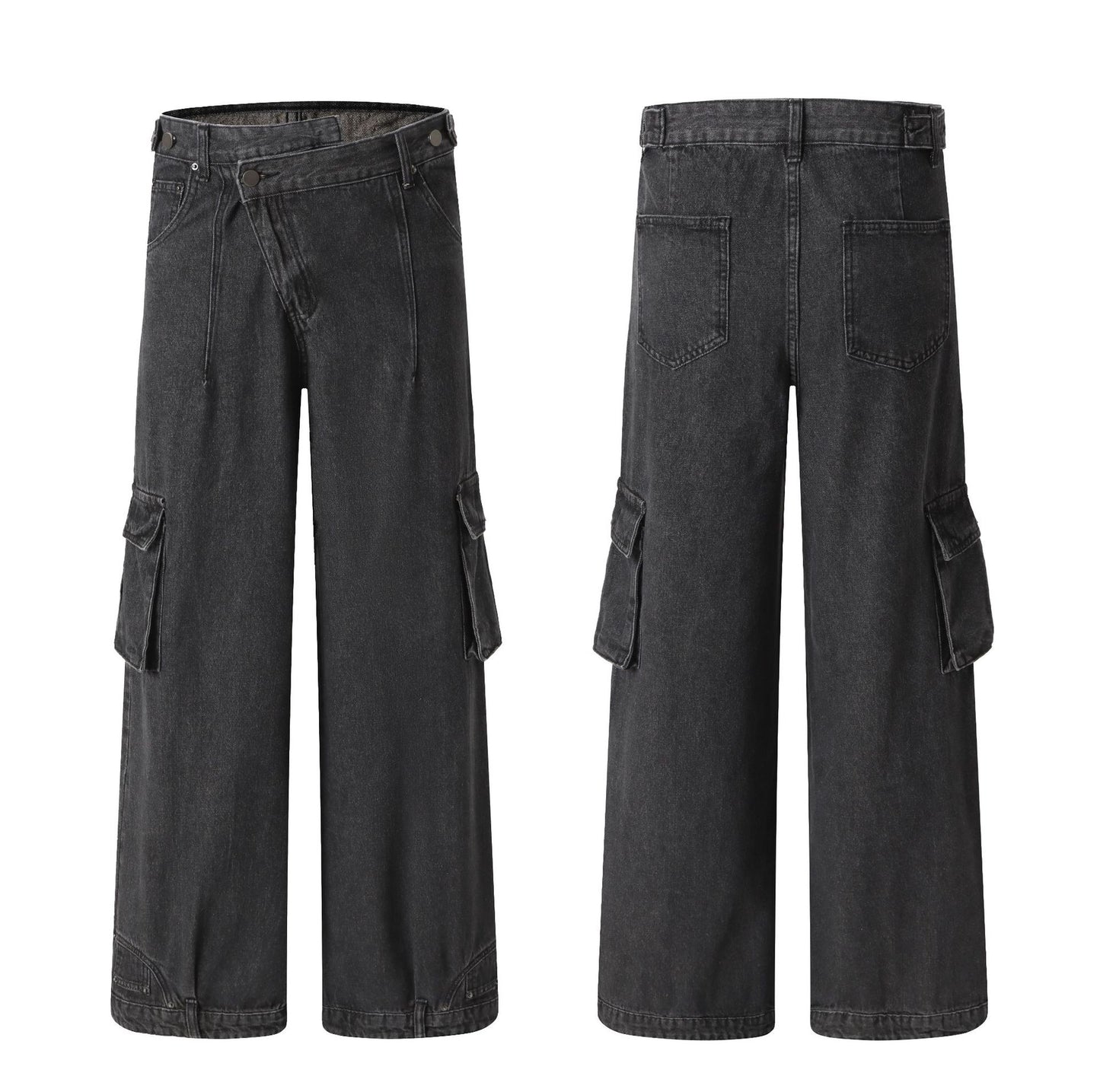 Retro Deconstructed Oblique Placket Wide-leg Workwear Jeans