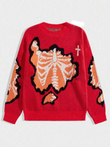 Personality Street Trend Dark Style Skeleton Jacquard Round Neck Pullover Knitted Sweater