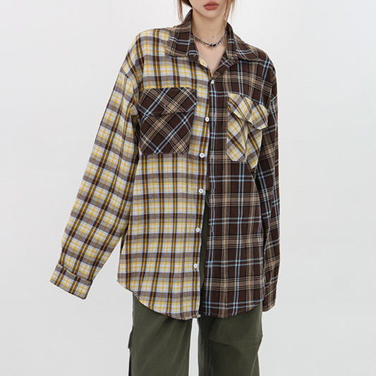 Womens Retro Patchwork Sun-Protective Designer All-Match Plaid Shirt