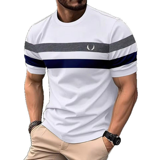 Geometric Contrasting Striped 3D Printed Mens Loose Breathable Crew Neck T Shirt