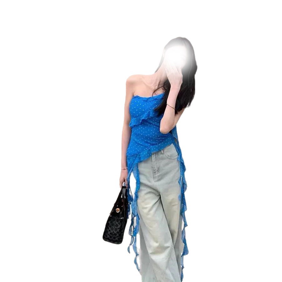 Dame uregelmæssig blå prikket off-shoulder tanktop