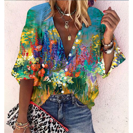 Floral-print Long-sleeve Top Fashionable V-neck Blouse For Women 3D