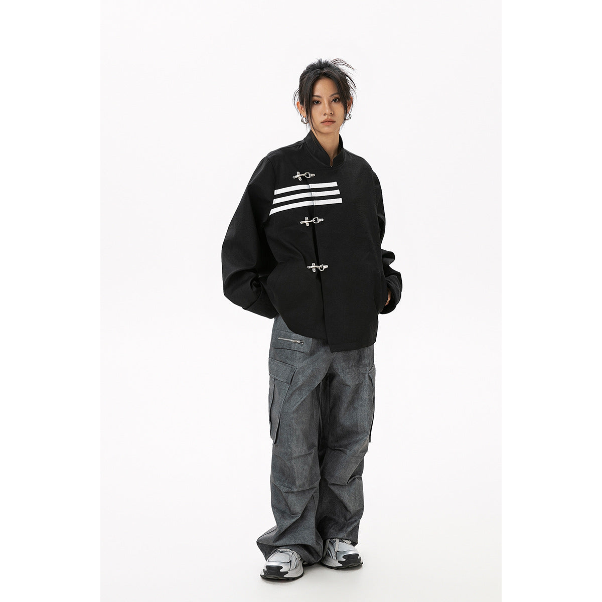 Veste de costume décontractée à col montant avec trois bandes