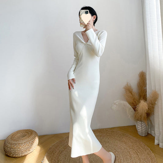 Vneck Longsleeve Knitted Bodycon Skirt