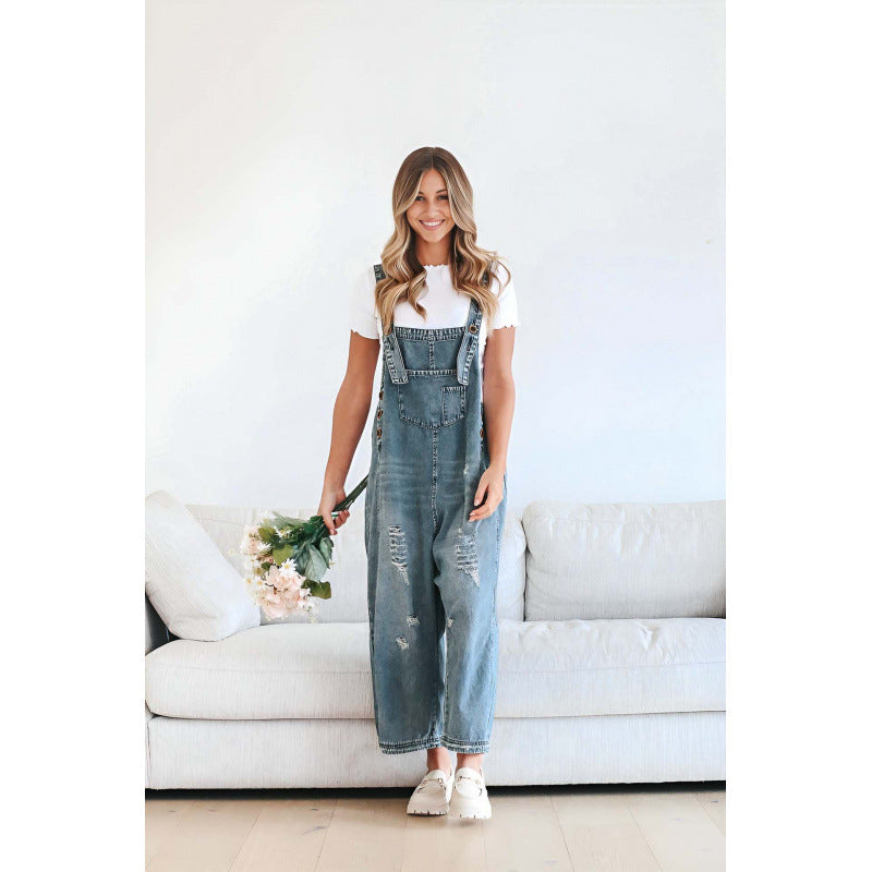 Retro Make Old Ripped Loose Wide Leg Denim Suspender Pants