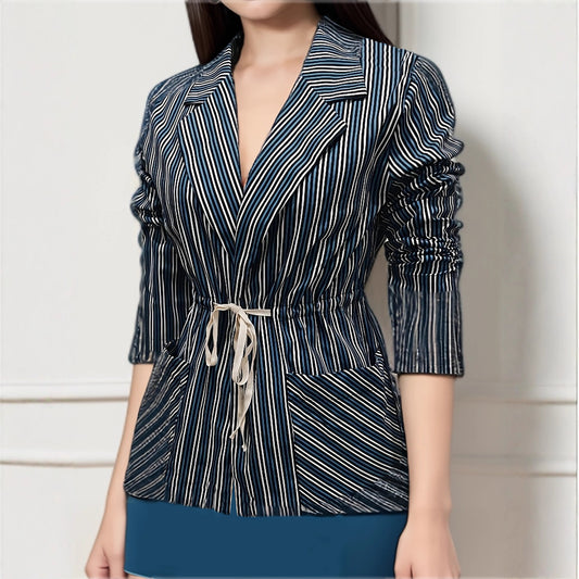 Womens Striped Printed Coat With Long Sleeves Defined Waist And Tie-Back Design