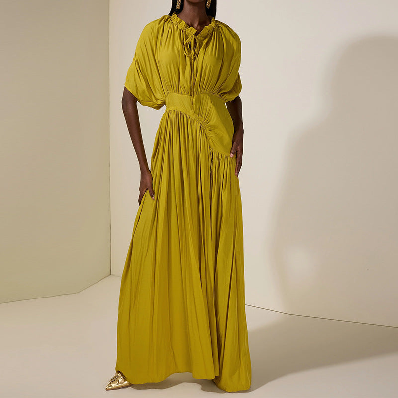 Round-neck Fitted-waist Pleated Patchwork Maxi Dress