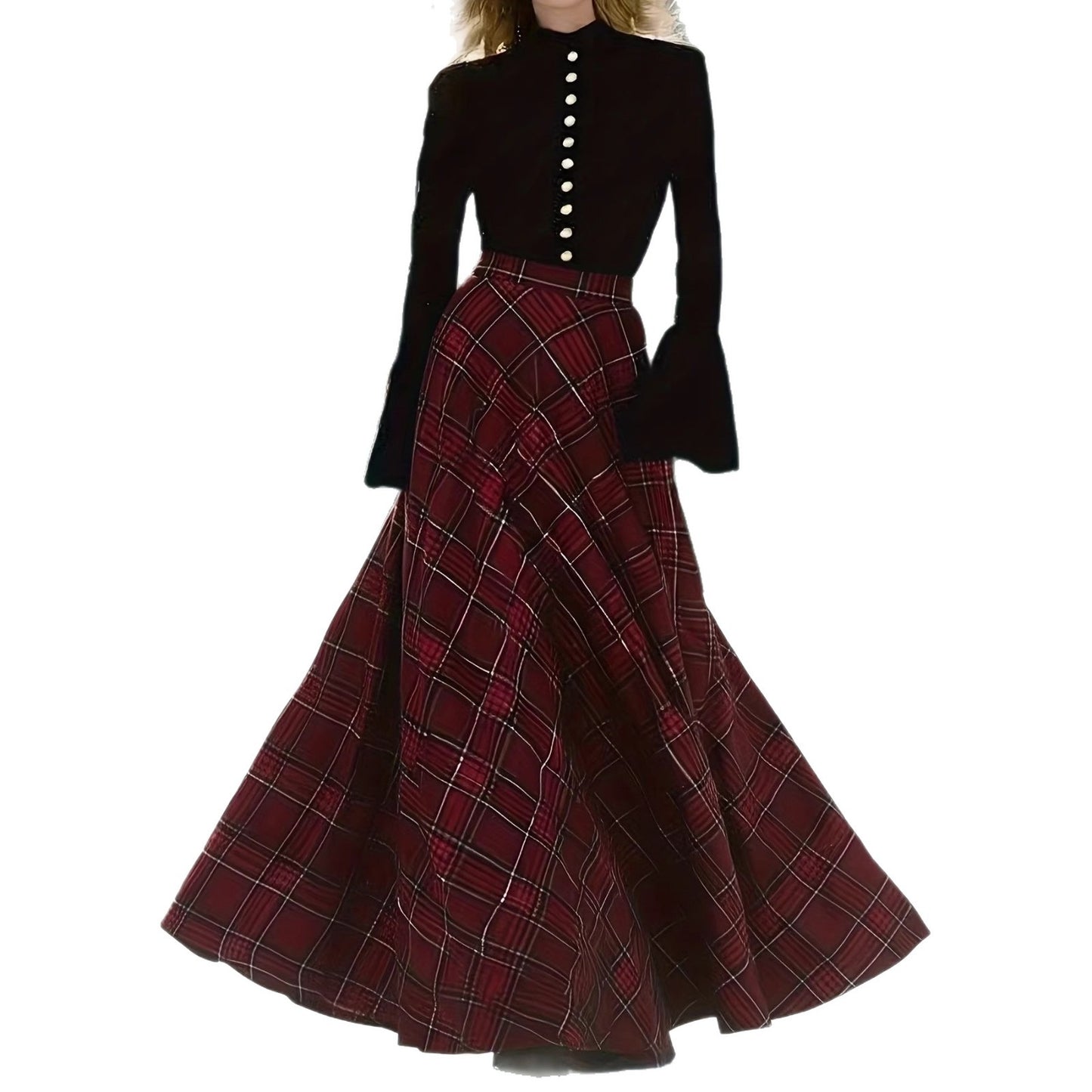 Red Plaid Maxi Skirt With A High Waist In A Vintage British Style