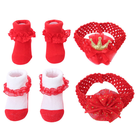 Solid Color Bow Lace Baby Socks Headband Set