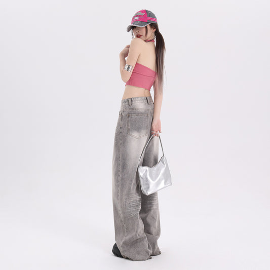 Løse afslappede mokkagrå wide leg-jeans til kvinder