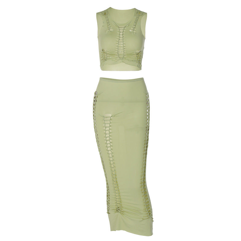Solid-color Hollow-out Crew-neck Vest And Figure-hugging Skirt Set