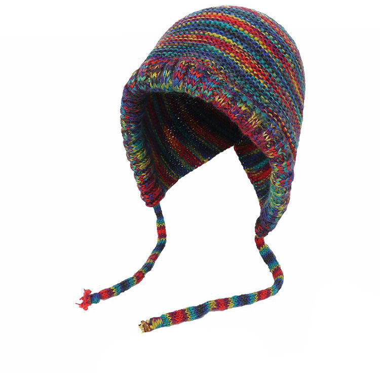 AutumnWinter Rainbow Striped Earflap Knit Hat