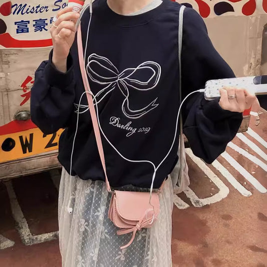 Broderet Strikket Pullover med Sløjfe til Kvinder