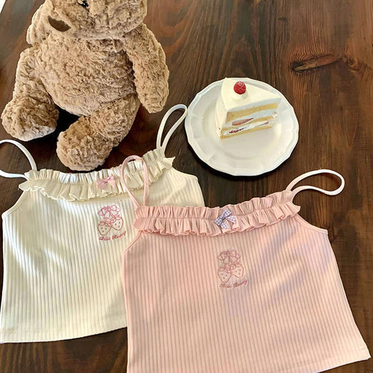 Summer New Girly Style Strawberry Embroidery Sweet Camisole